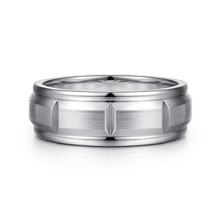 Austin - 14K White Gold 8mm - Carved Station Men's Wedding Band in Satin Finish - Shot 1