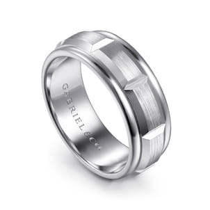 Austin - 14K White Gold 8mm - Carved Station Men's Wedding Band in Satin Finish