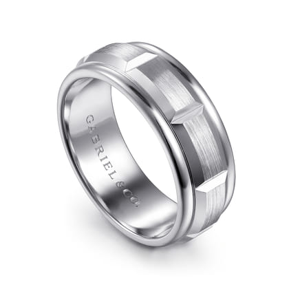 Austin - 14K White Gold 8mm - Carved Station Men's Wedding Band in Satin Finish