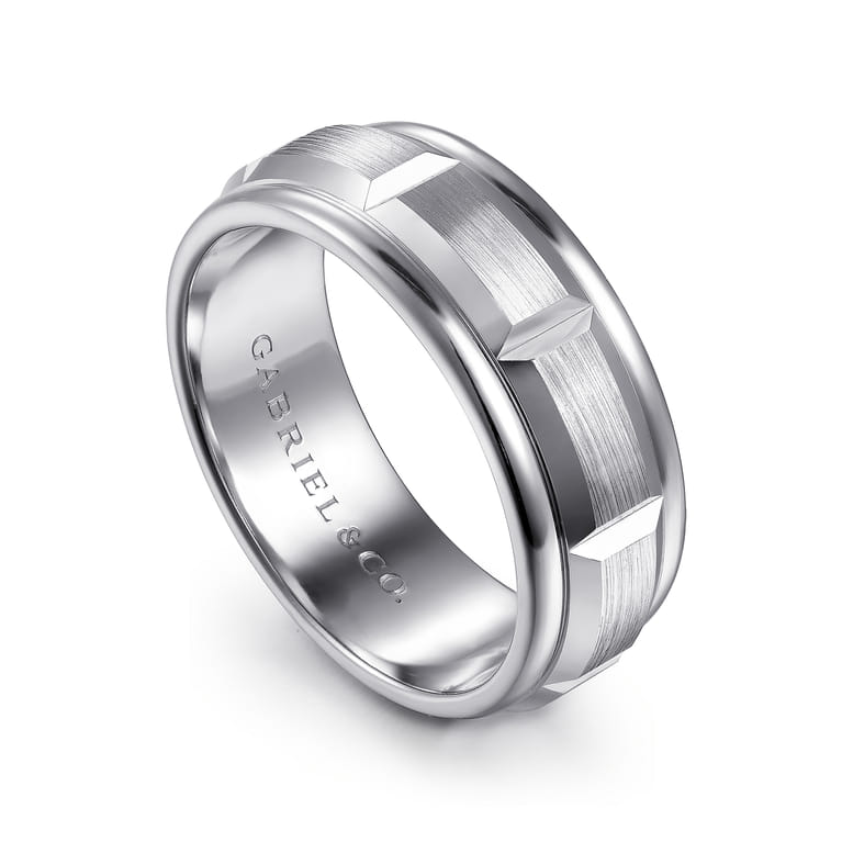 Austin - 14K White Gold 8mm - Carved Station Men's Wedding Band in Satin Finish - Shot 3