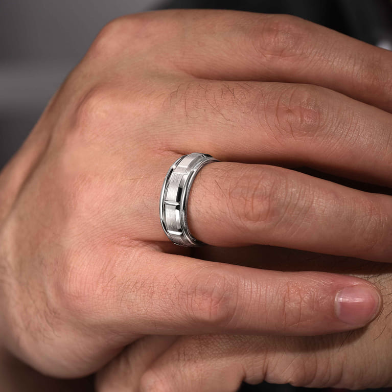 Austin - 14K White Gold 8mm - Carved Station Men's Wedding Band in Satin Finish - Shot 5