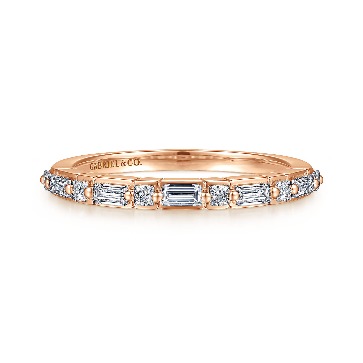 Straight Wedding Ring in 14k Rose Gold with Baguette Natural Diamond at Gabriel & Co. - Shot 1