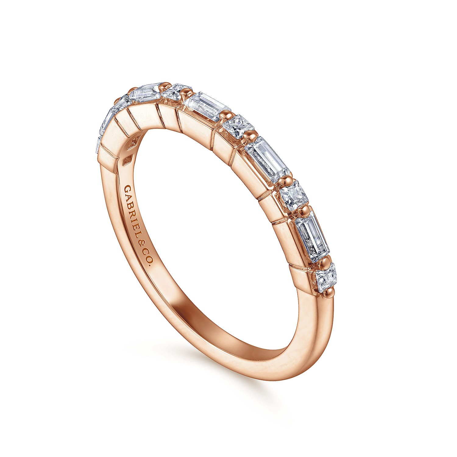 Straight Wedding Ring in 14k Rose Gold with Baguette Natural Diamond at Gabriel & Co. - Shot 3