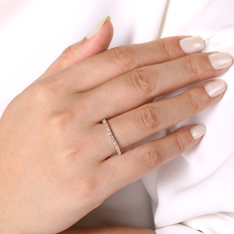 Straight Wedding Ring in 14k Rose Gold with Baguette Natural Diamond at Gabriel & Co. - Shot 5