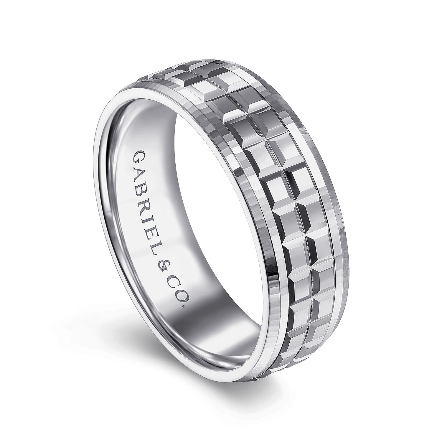 Axel - 14K White Gold 7mm - Square Inlay Men's Wedding Band - Shot 3