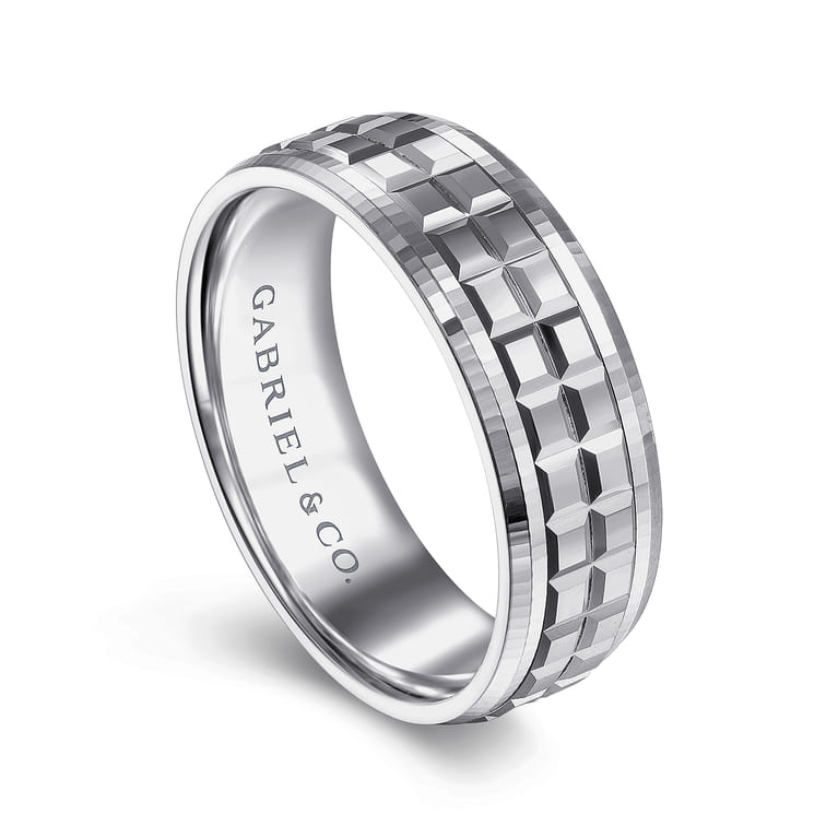 Axel - 14K White Gold 7mm - Square Inlay Men's Wedding Band - Shot 3
