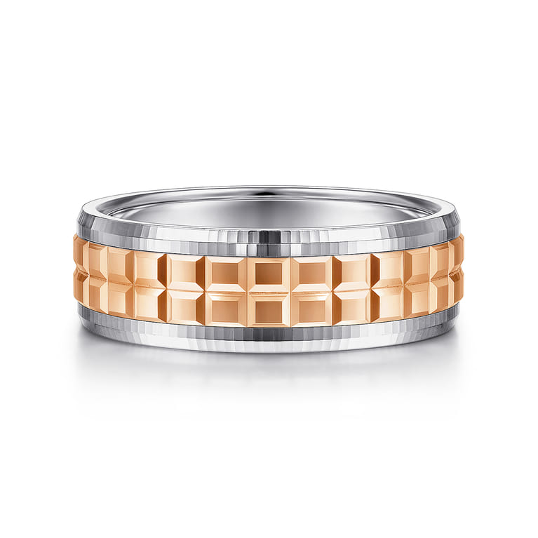 Axel - 14K White-Rose Gold 7mm - Two Tone Square Inlay Men's Wedding Band - Shot 1