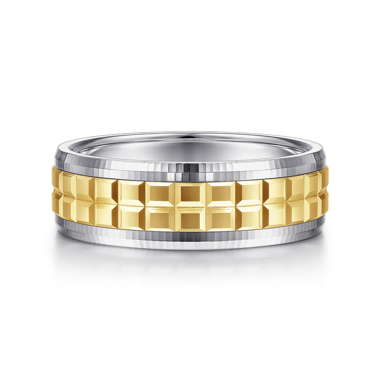 Axel - 14K White-Yellow Gold 7mm - Two Tone Square Inlay Men's Wedding Band - Shot 1