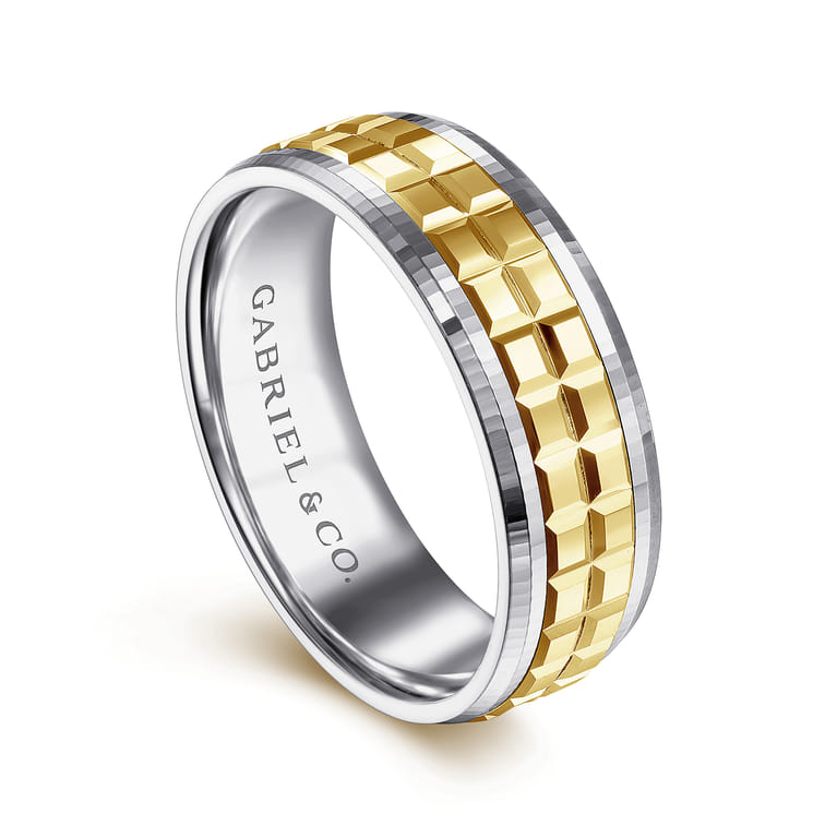 Axel - 14K White-Yellow Gold 7mm - Two Tone Square Inlay Men's Wedding Band - Shot 3