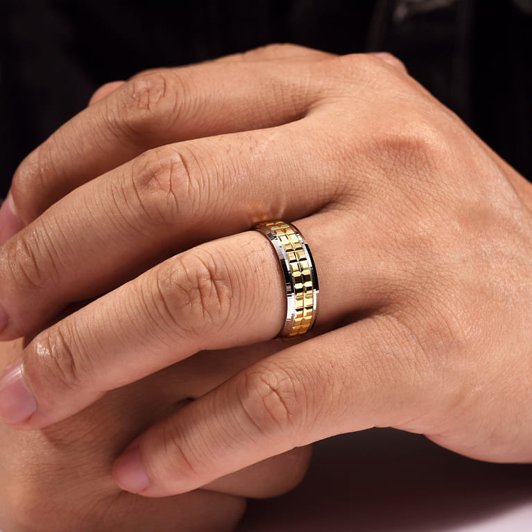 Axel - 14K White-Yellow Gold 7mm - Two Tone Square Inlay Men's Wedding Band - Shot 5