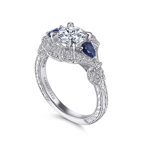 Azurine - 14K White Gold Round Sapphire and Diamond Engagement Ring - 0.2 ct - Shot 3