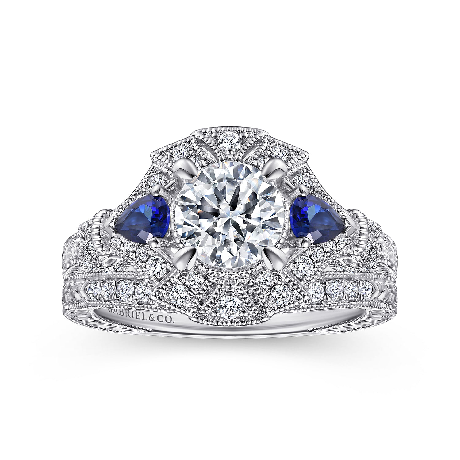 Azurine - 14K White Gold Round Sapphire and Diamond Engagement Ring - 0.2 ct - Shot 4