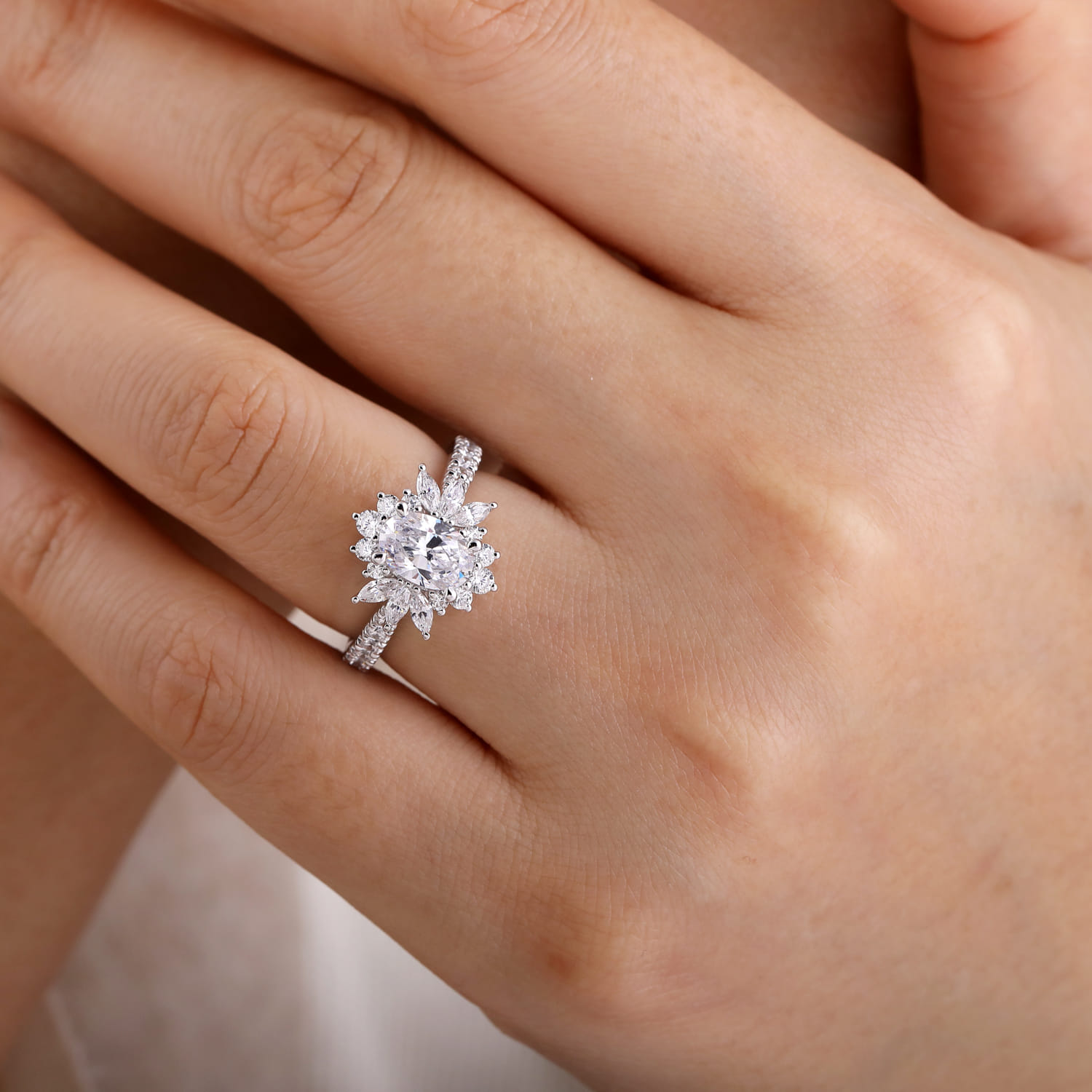 Bailee - 14K White Gold Bursting Halo Oval Diamond Engagement Ring