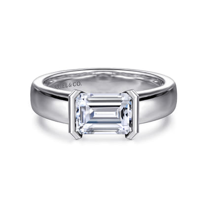 Bara - 14K White Gold Half Bezel East West Emerald Cut Diamond Engagement Ring