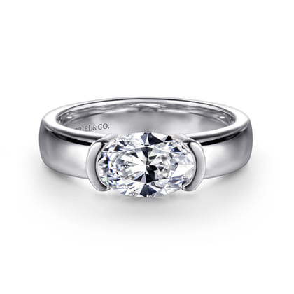 Bara - 14K White Gold Half Bezel East West Oval Diamond Engagement Ring