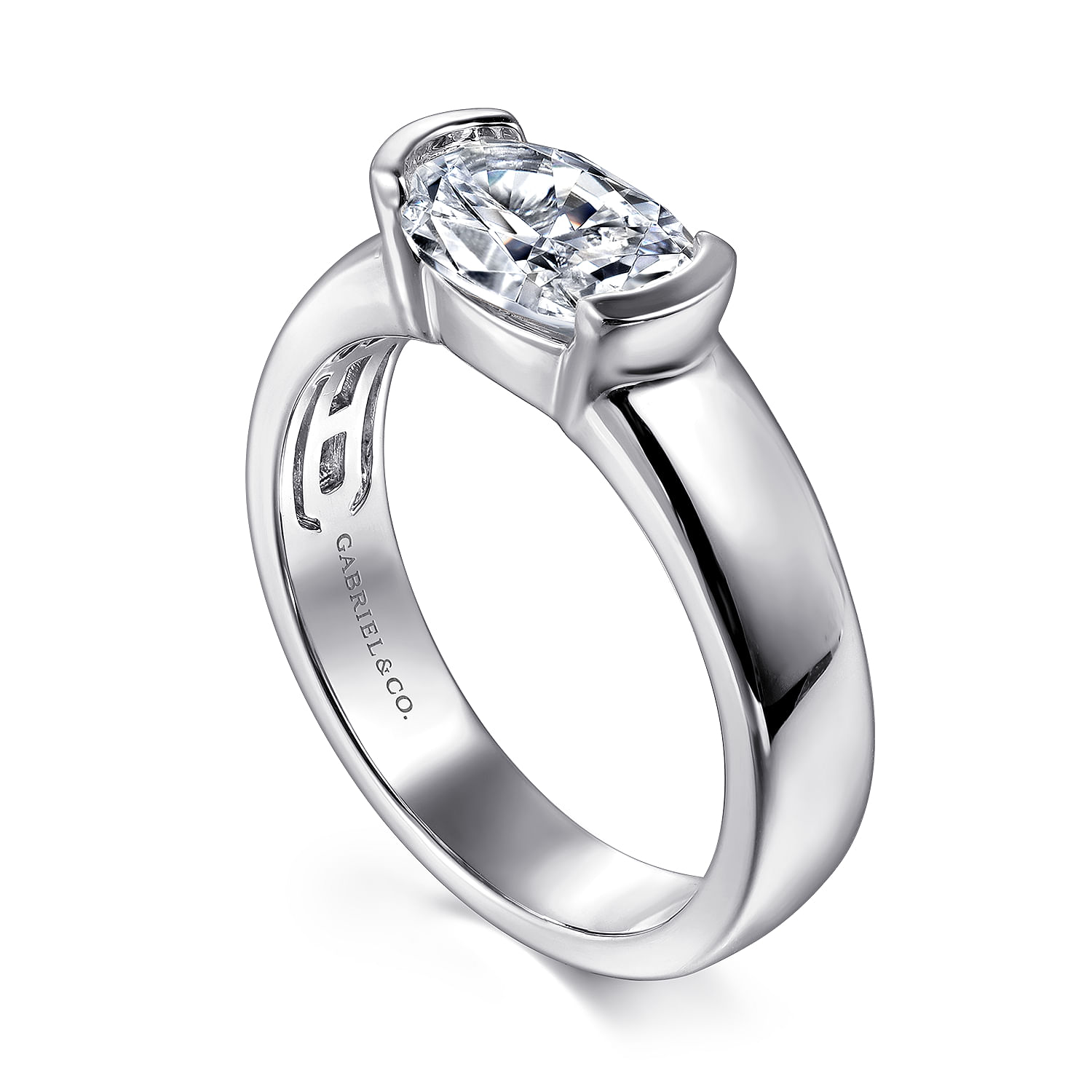 Bara - 14K White Gold Half Bezel East West Oval Diamond Engagement Ring