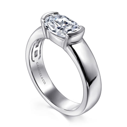 Bara - 14K White Gold Half Bezel East West Oval Diamond Engagement Ring
