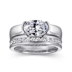 Bara - 14K White Gold Half Bezel East West Oval Diamond Engagement Ring