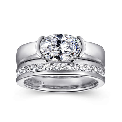 Bara - 14K White Gold Half Bezel East West Oval Diamond Engagement Ring