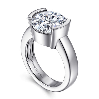 Bara - 14K White Gold Half Bezel Round Diamond Engagement Ring