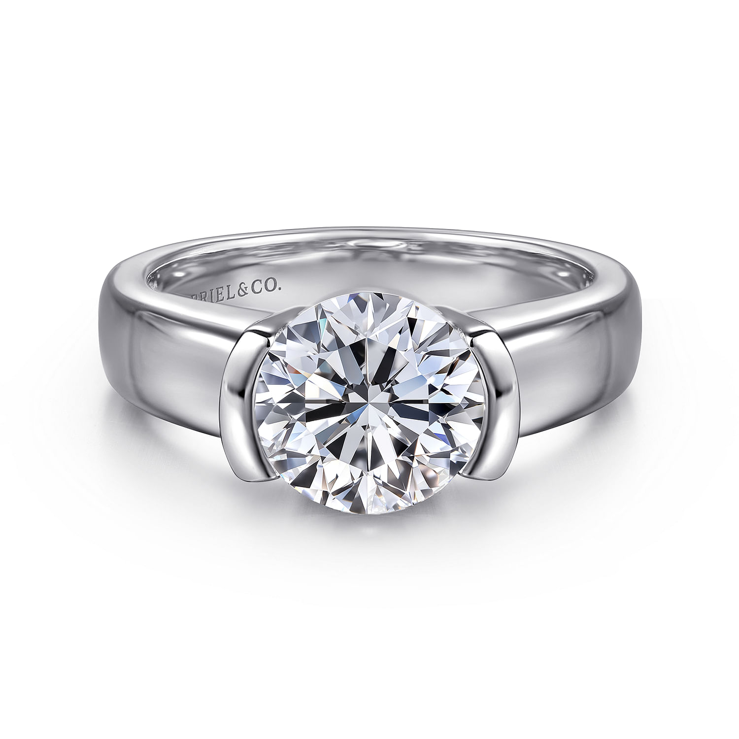 Bara - 14K White Gold Half Bezel Round Diamond Engagement Ring