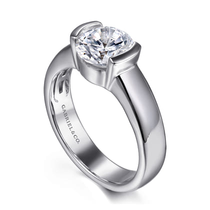 Bara - 14K White Gold Half Bezel Round Diamond Engagement Ring