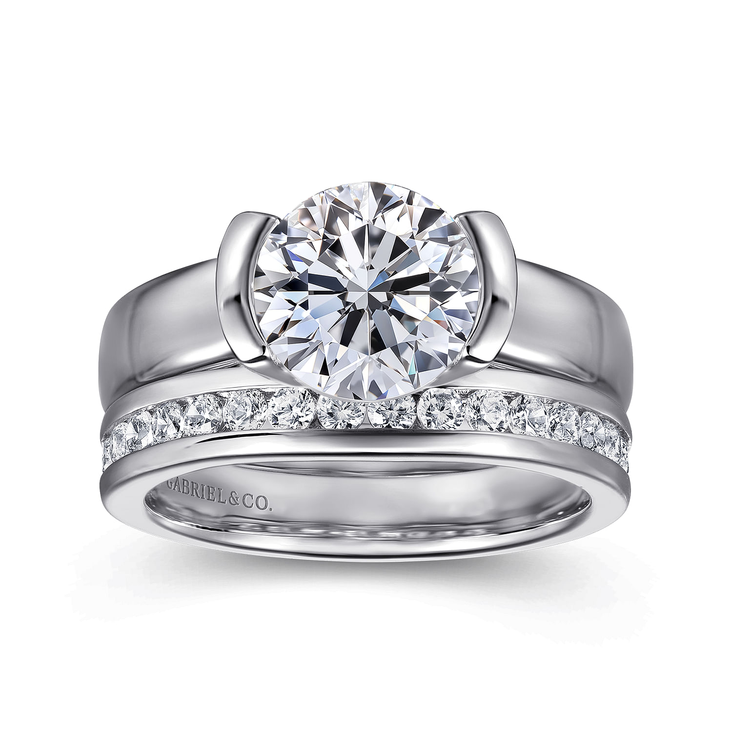 Bara - 14K White Gold Half Bezel Round Diamond Engagement Ring