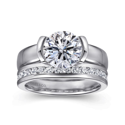 Bara - 14K White Gold Half Bezel Round Diamond Engagement Ring