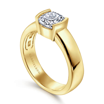 Bara - 14K Yellow Gold Half Bezel East West Cushion Cut Diamond Engagement Ring