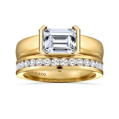 Bara - 14K Yellow Gold Half Bezel East West Emerald Cut Diamond Engagement Ring