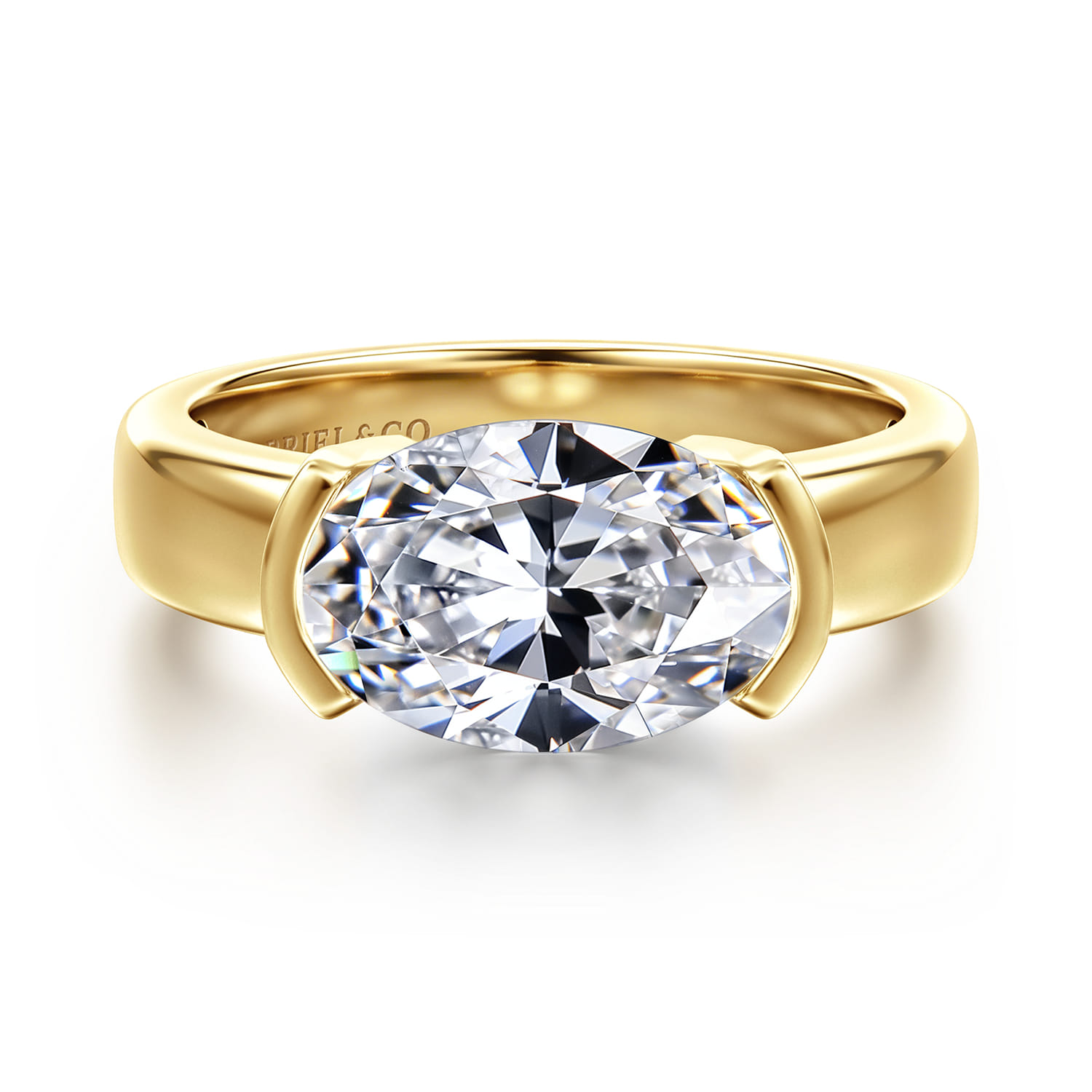 Bara - 14K Yellow Gold Half Bezel East West Oval Diamond Engagement Ring