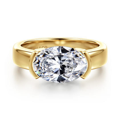 Bara - 14K Yellow Gold Half Bezel East West Oval Diamond Engagement Ring