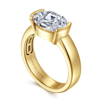 Bara - 14K Yellow Gold Half Bezel East West Oval Diamond Engagement Ring
