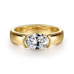 Bara - 14K Yellow Gold Half Bezel East West Oval Diamond Engagement Ring