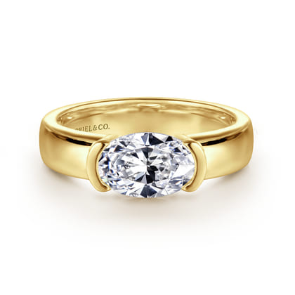 Bara - 14K Yellow Gold Half Bezel East West Oval Diamond Engagement Ring