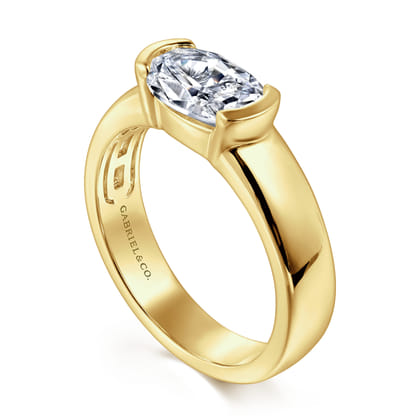 Bara - 14K Yellow Gold Half Bezel East West Oval Diamond Engagement Ring