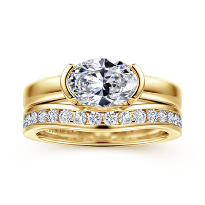 Bara - 14K Yellow Gold Half Bezel East West Oval Diamond Engagement Ring