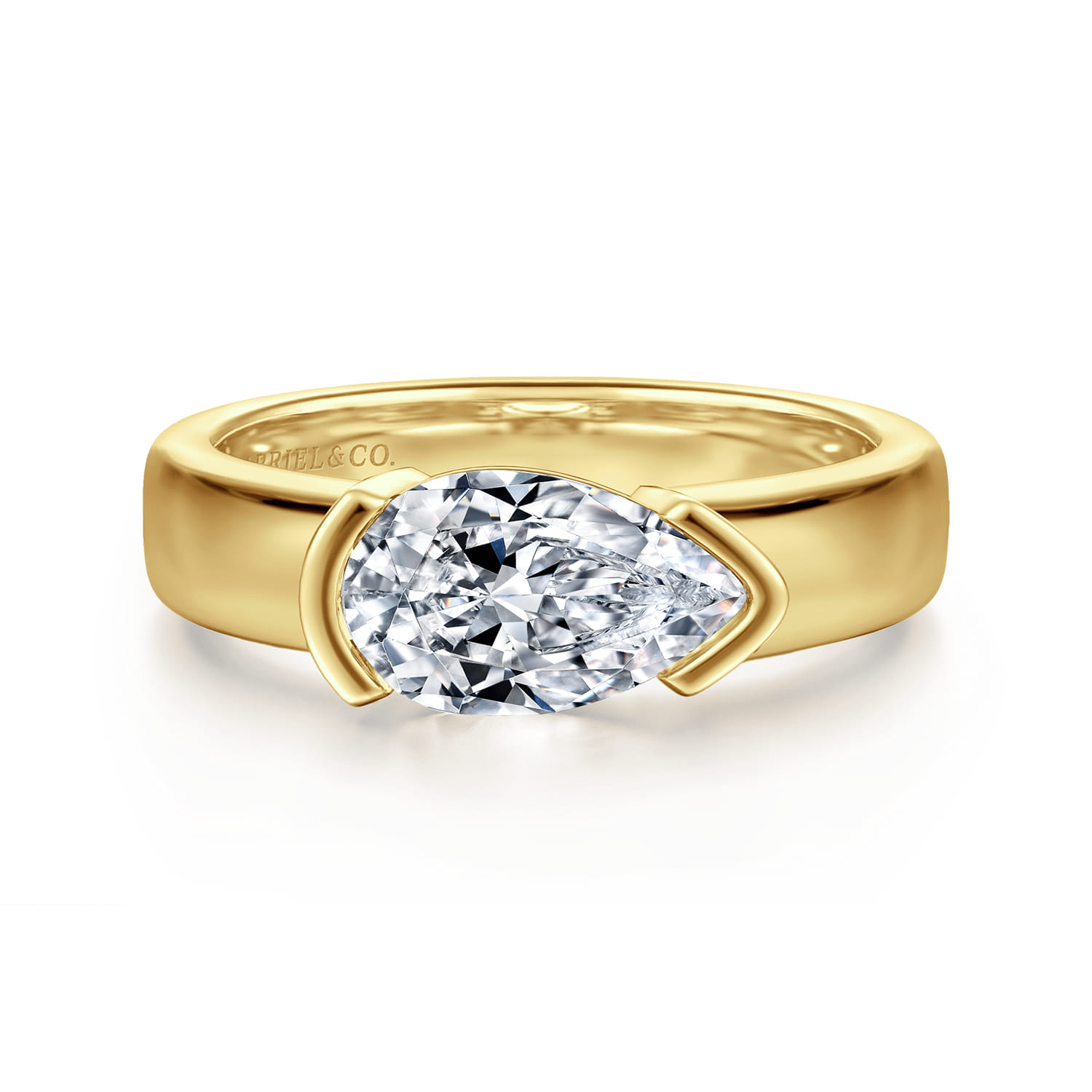 Bara - 14K Yellow Gold Half Bezel East West Pear Shape Diamond Engagement Ring
