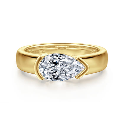 Bara - 14K Yellow Gold Half Bezel East West Pear Shape Diamond Engagement Ring