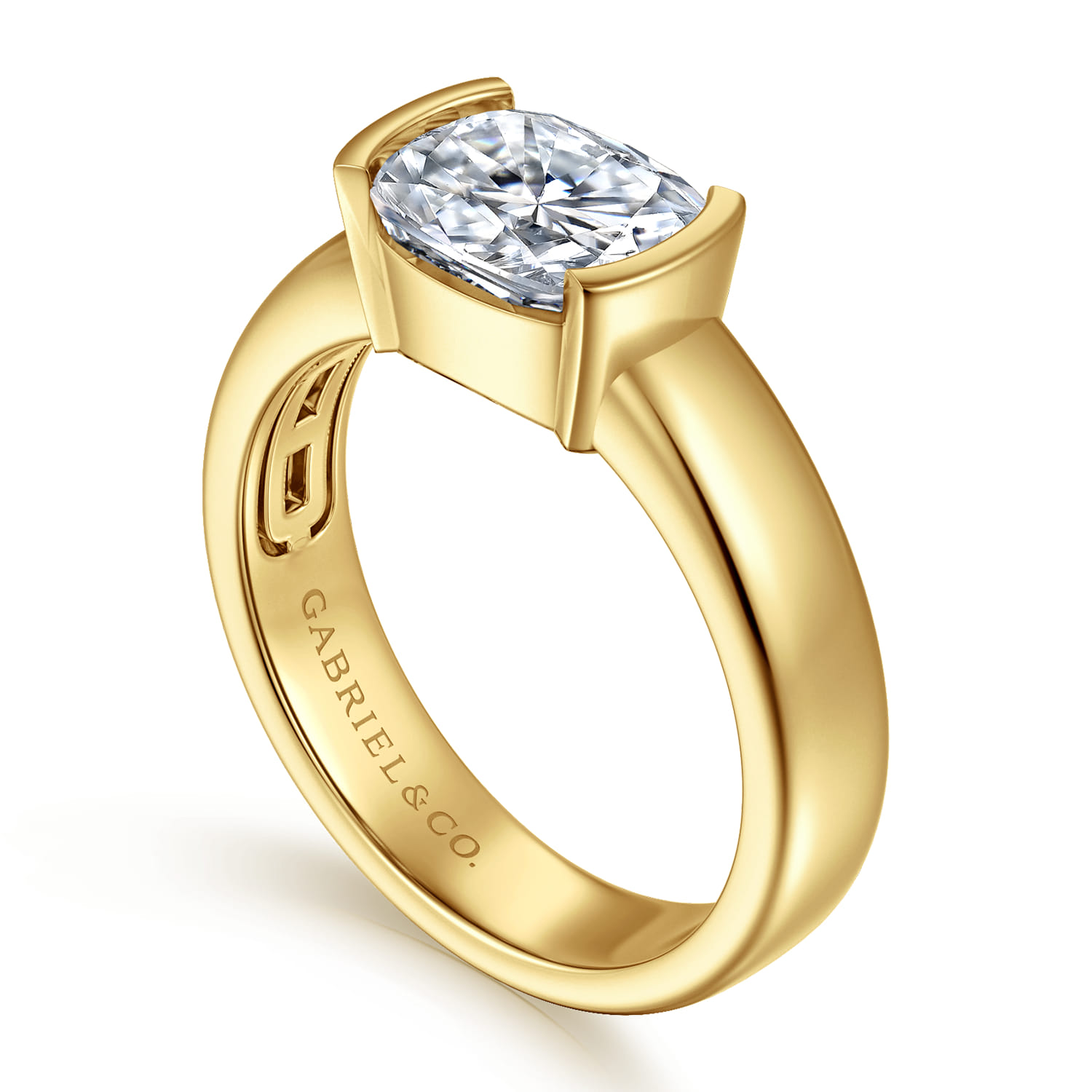 Bara - 14K Yellow Gold Half Bezel Elongated Cushion Diamond Engagement Ring
