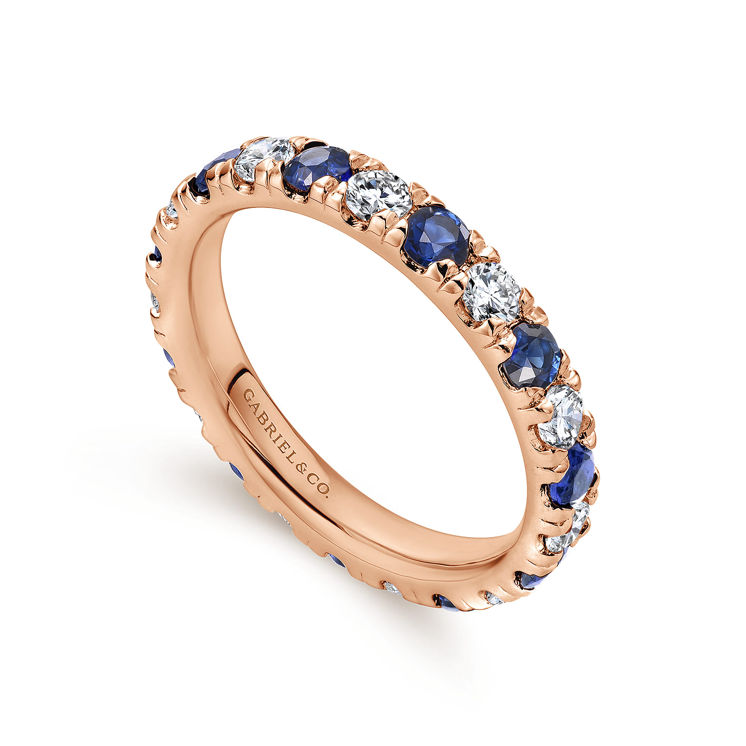 Eternity Band Wedding Ring in 14k Rose Gold with Round Sapphire at Gabriel & Co. - Shot 3