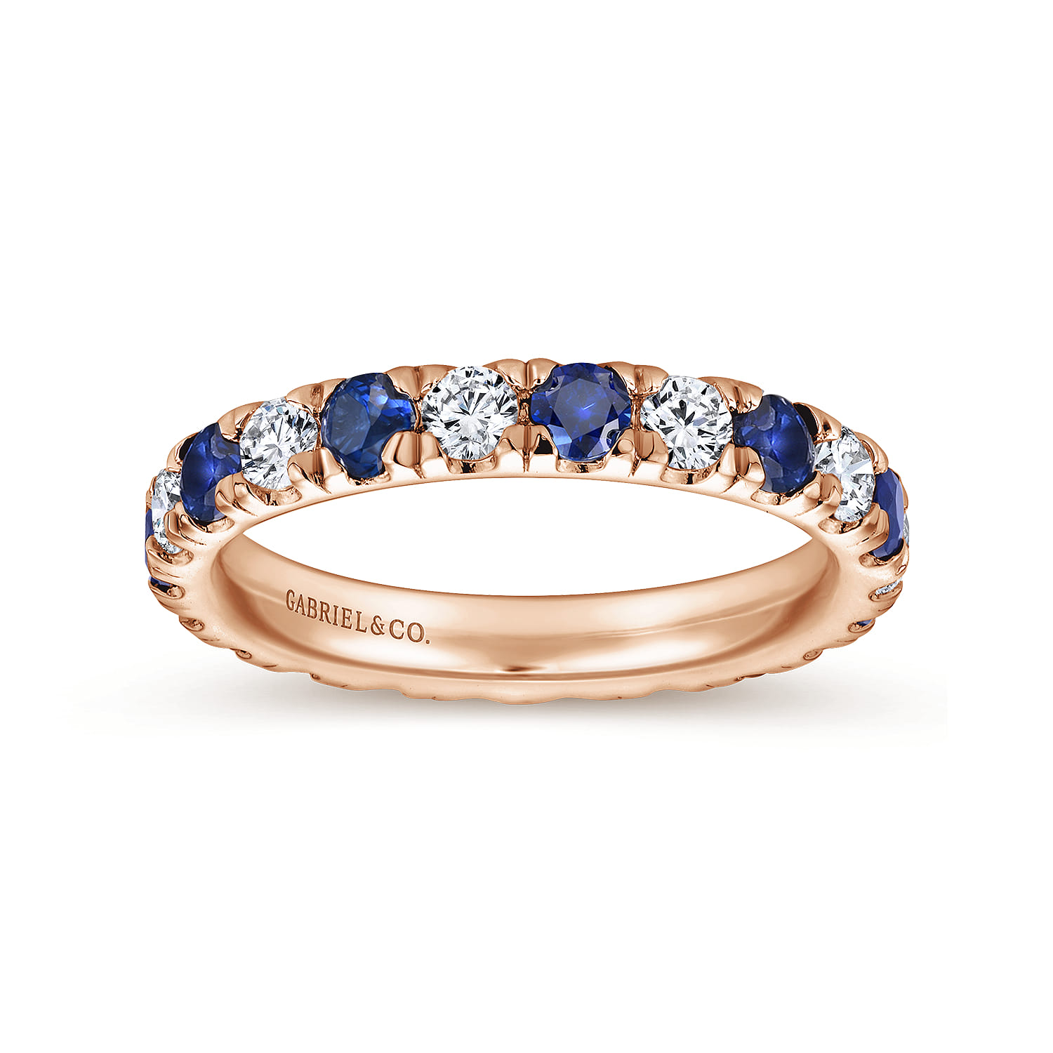 Eternity Band Wedding Ring in 14k Rose Gold with Round Sapphire at Gabriel & Co. - Shot 4