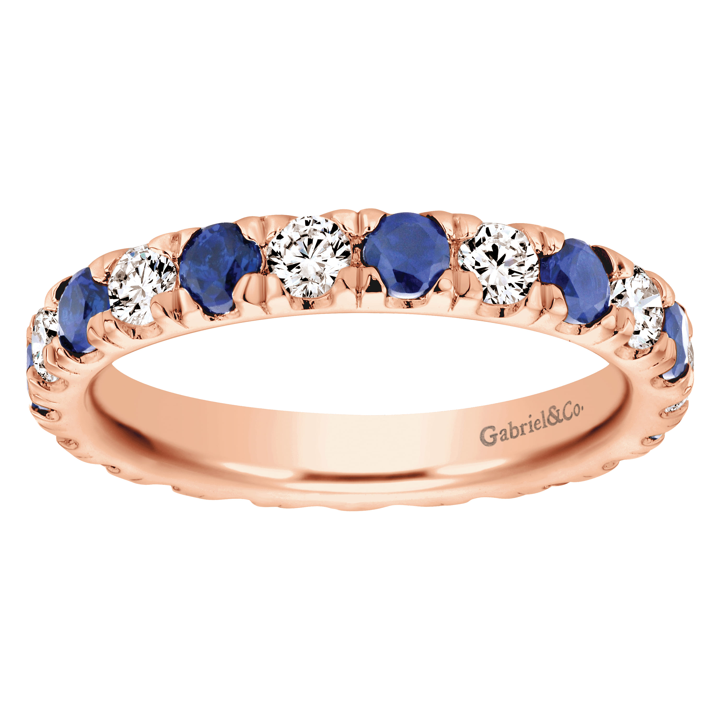 Eternity Band Wedding Ring in 14k Rose Gold with Round Sapphire at Gabriel & Co. - Shot 5