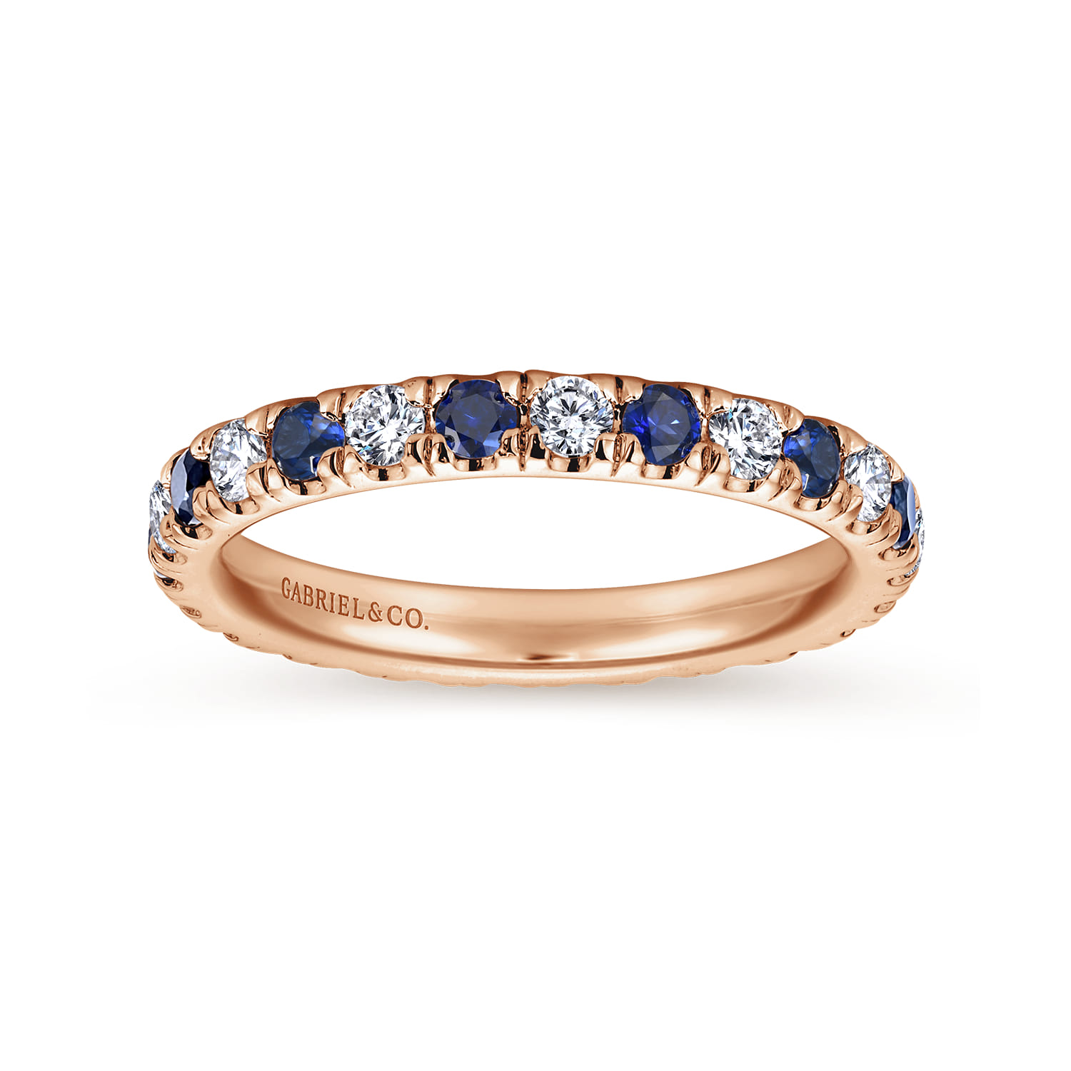Eternity Band Wedding Ring in 14k Rose Gold with Round Sapphire at Gabriel & Co. - Shot 4