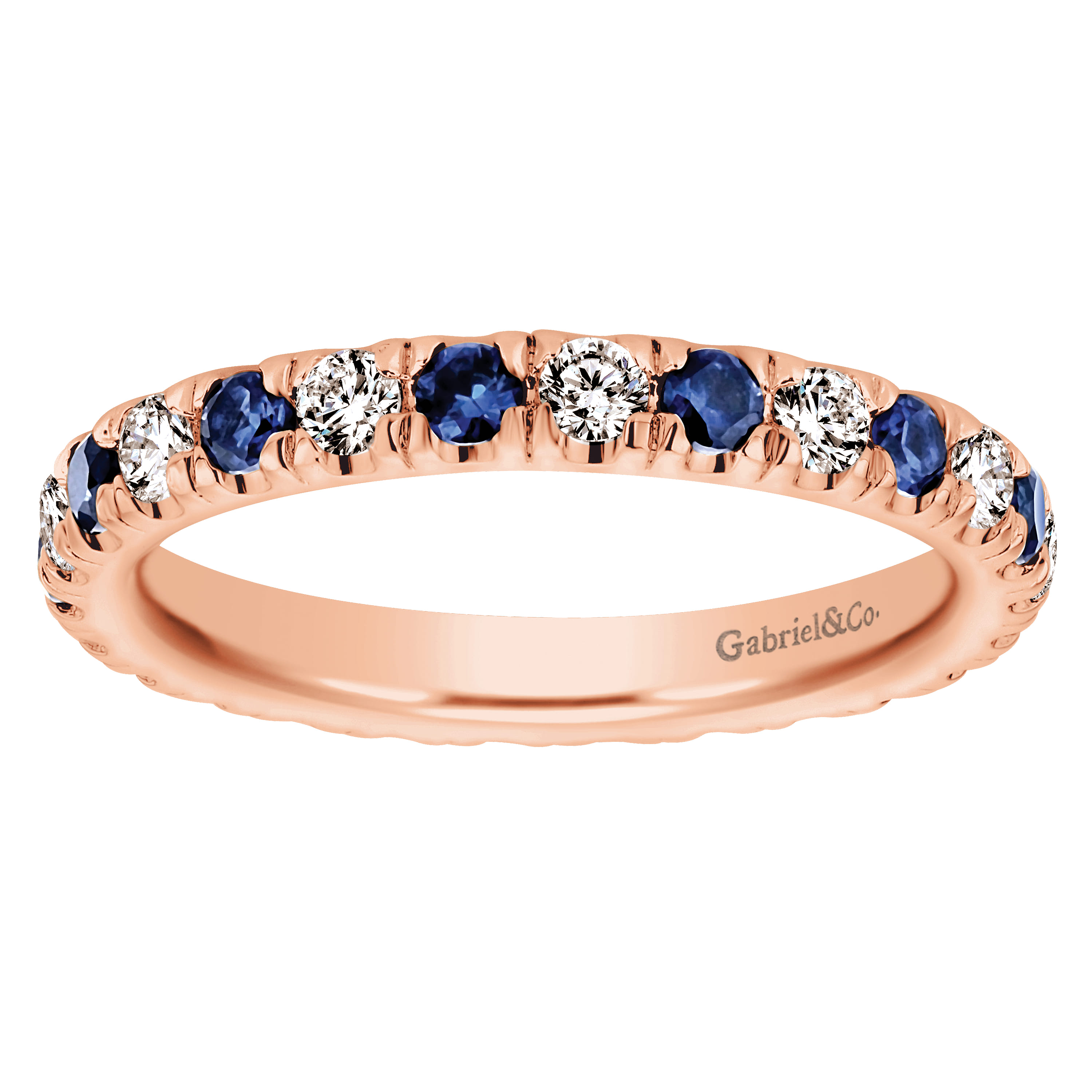 Eternity Band Wedding Ring in 14k Rose Gold with Round Sapphire at Gabriel & Co. - Shot 5