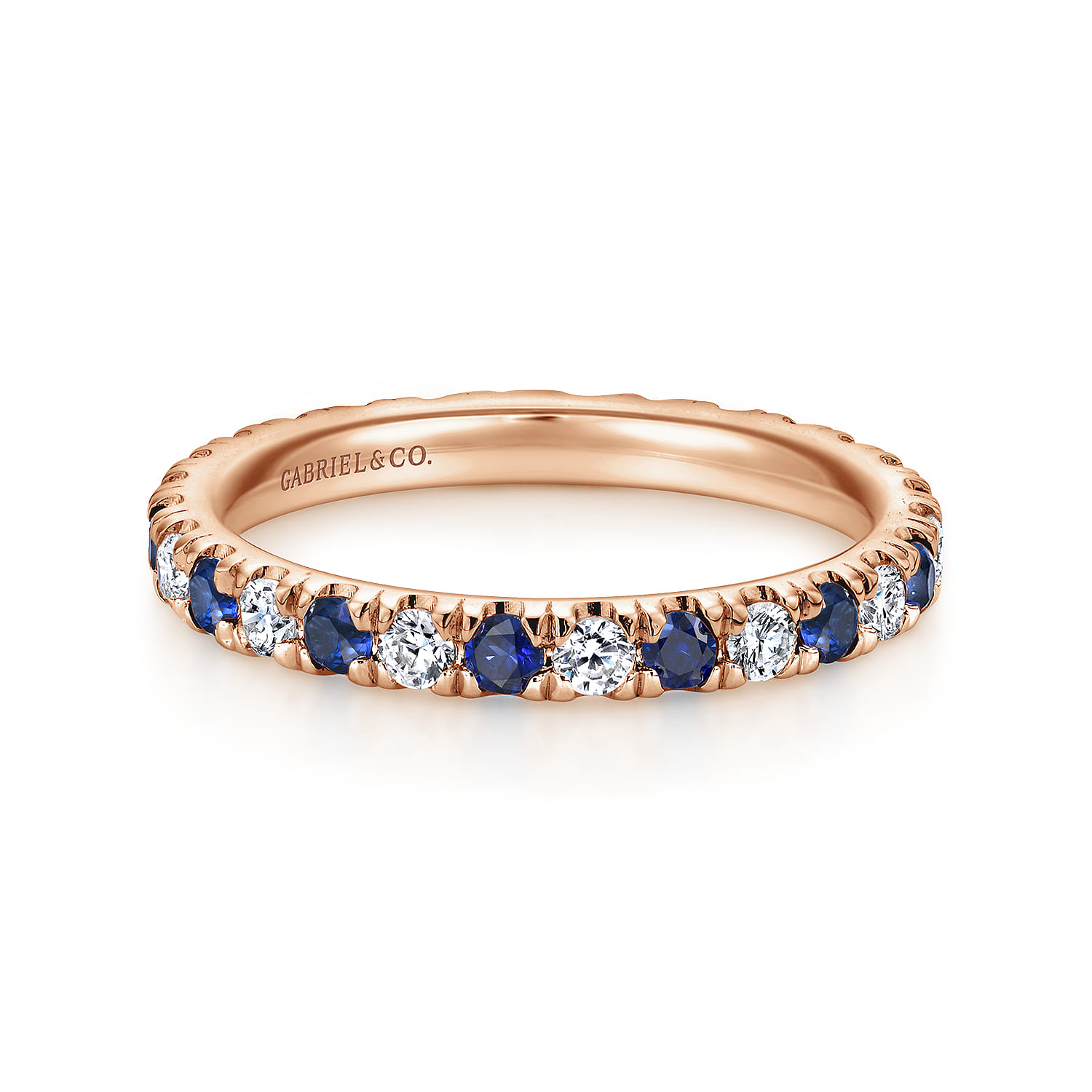 Eternity Band Wedding Ring in 14k Rose Gold with Round Sapphire at Gabriel & Co. - Shot 1