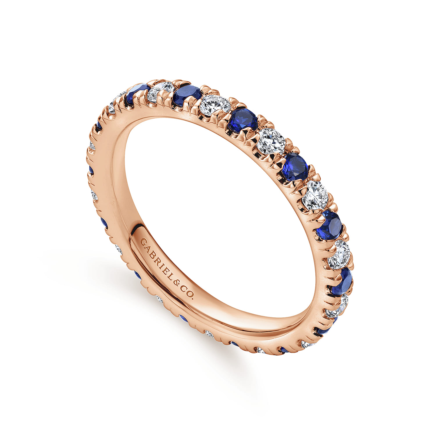 Eternity Band Wedding Ring in 14k Rose Gold with Round Sapphire at Gabriel & Co. - Shot 3