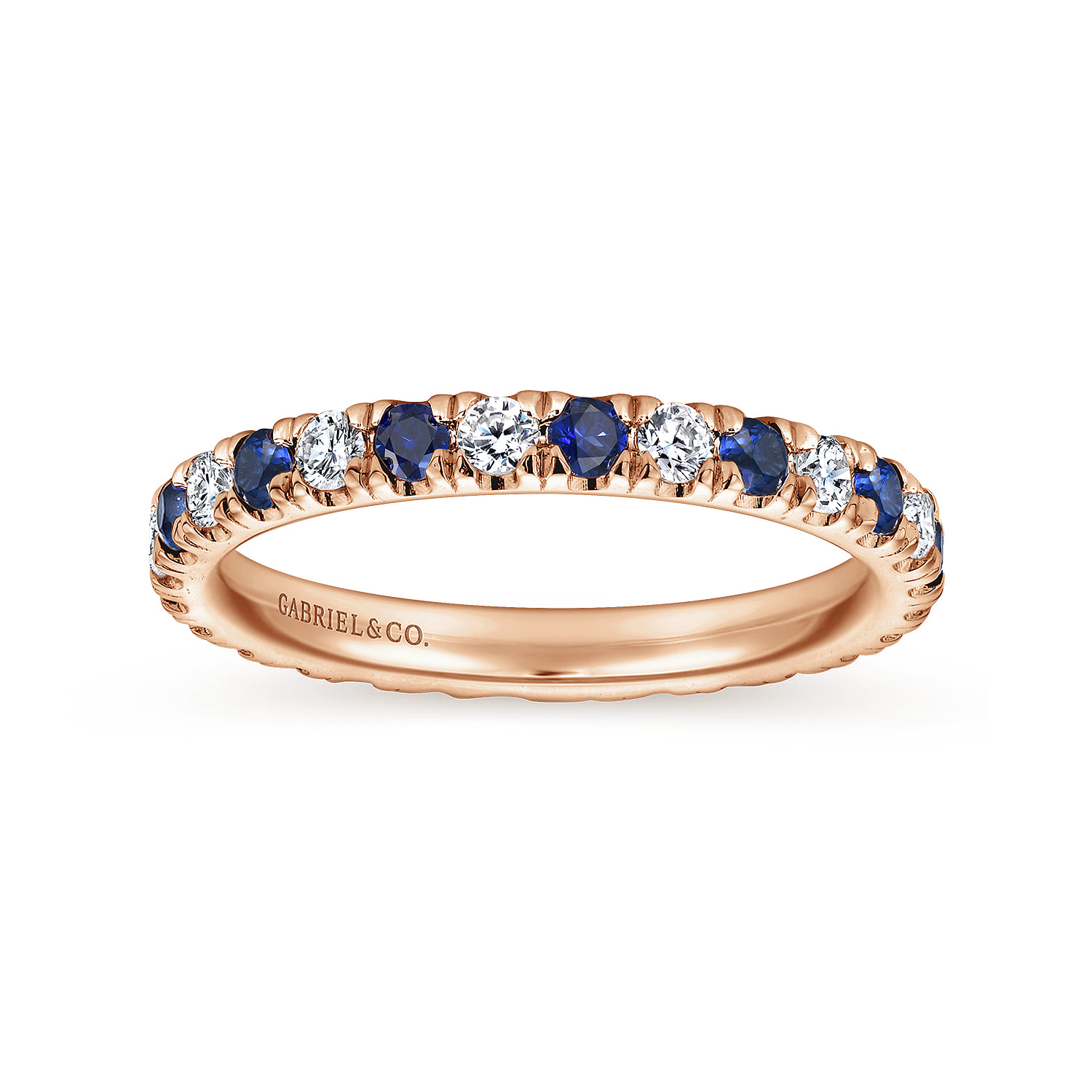 Eternity Band Wedding Ring in 14k Rose Gold with Round Sapphire at Gabriel & Co. - Shot 4
