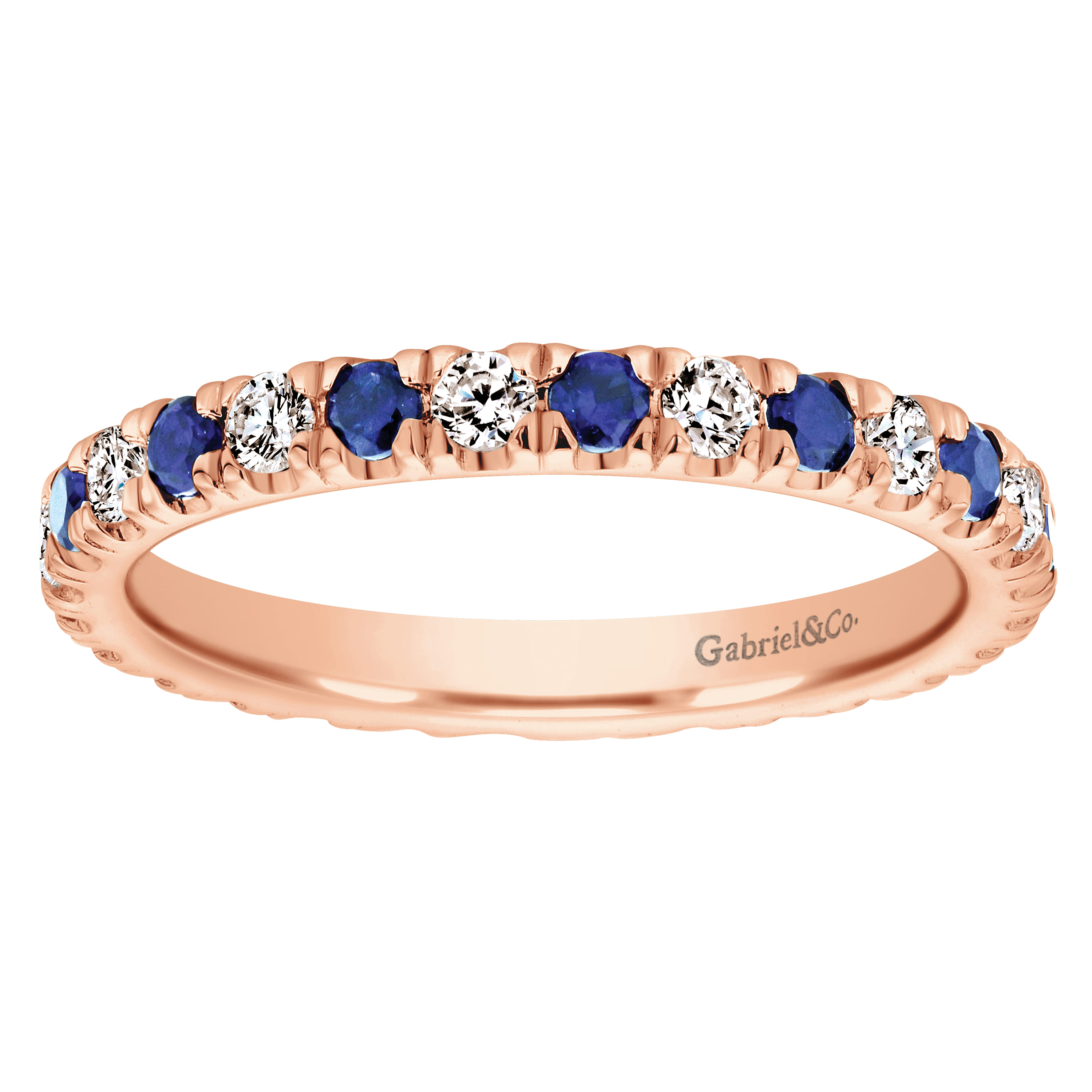 Eternity Band Wedding Ring in 14k Rose Gold with Round Sapphire at Gabriel & Co. - Shot 5