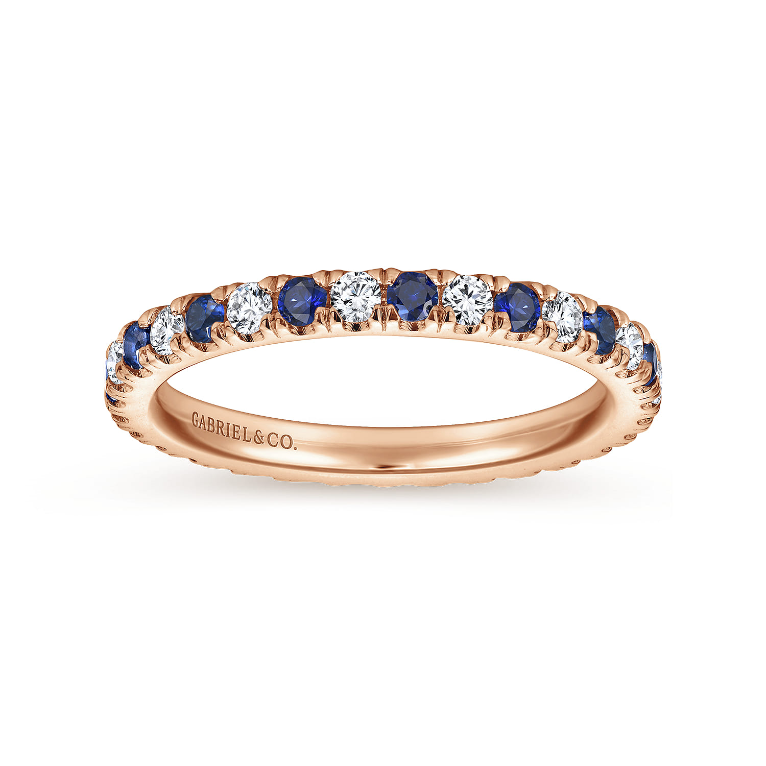 Eternity Band Wedding Ring in 14k Rose Gold with Round Sapphire at Gabriel & Co. - Shot 4